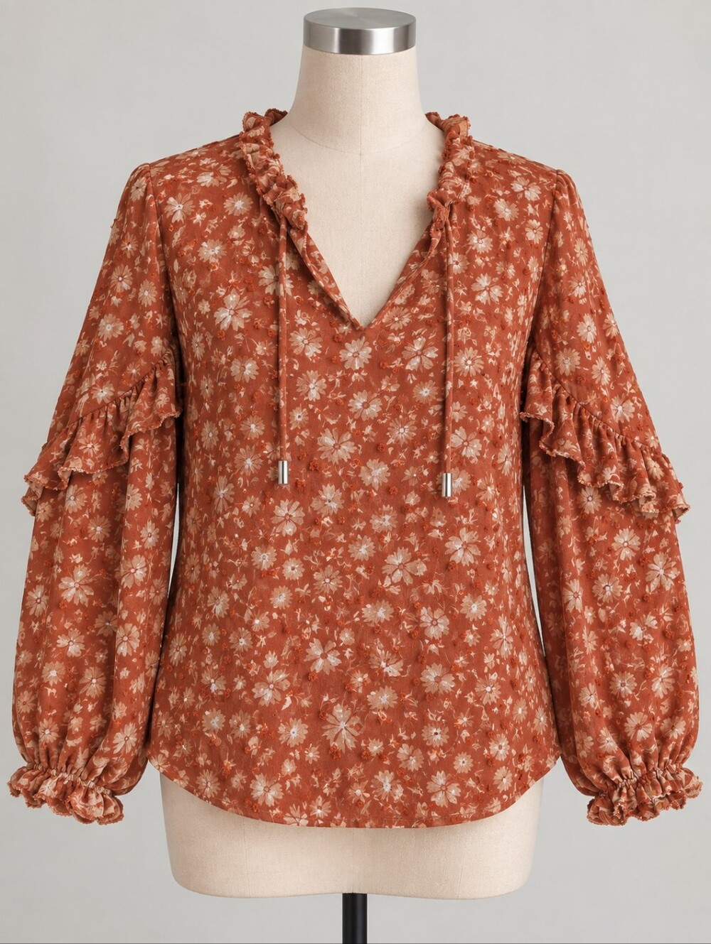 Dex Floral Ruffle Sleeve Blouse Rust Orange XL Boho Romantic